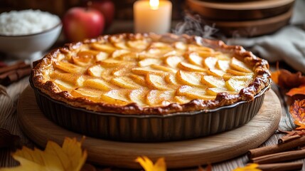 Apple pie decorated with lattice overhead shot, fall baking concept