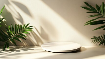 Wall Mural - A minimalist display space surrounded by green foliage and soft sunlight in the afternoon