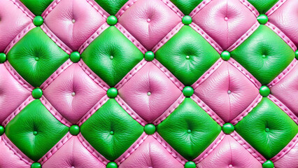 Wall Mural - A vibrant pattern featuring alternating pink and green tufted leather squares, each adorned with matching buttons. The soft texture and bright colors create a lively, quilted appearance. AI generated.