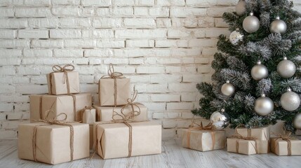 Cozy living room with a Christmas tree and beautifully wrapped gifts during the holiday season