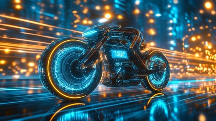 Wall Mural - Futuristic motorcycle with neon lights and glowing wheels driving on an illuminated road.