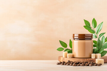 A jar of brown liquid with sugar cubes and a leaf on a wooden table.