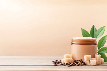 A jar of brown substance with a few pieces of coffee beans and sugar on a wooden table. The jar is placed in the center of the table, surrounded by the coffee beans and sugar