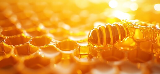 Honeycomb with honey dripping in sunlight.