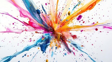 Wall Mural - shimmering explosion of vibrant paint particles frozen in time against a pristine white backdrop dynamic burst of color with intricate droplet patterns radiating outward