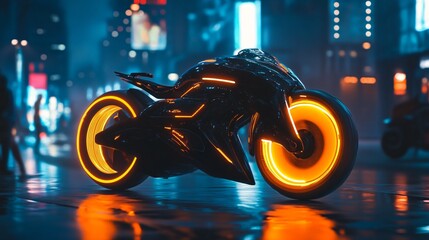 Wall Mural - Futuristic motorcycle with orange glowing wheels parked in a city at night.