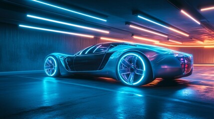 Wall Mural - Futuristic sports car with glowing neon blue rims parked in a dark garage with blue neon lights.