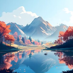 Wall Mural - Serene autumn scenery showcasing mountains reflected in calm waters image