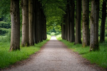 A pathway lined with trees leads to a sun-drenched clearing, offering a serene retreat into nature and tranquility, enticing wanderers to explore further.