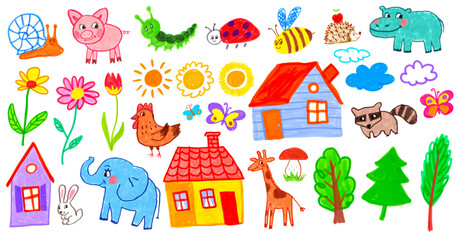 Wall Mural - Felt pen hand drawn vector illustrations collection of child drawings and doodles