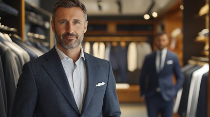 Canvas Print - Confident man in suit looking directly at camera in retail store.