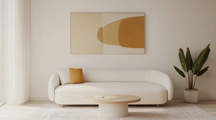 Poster - A modern living room featuring a unique sofa, abstract artwork, and indoor greenery in soft light