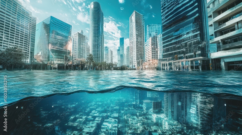 A city half-underwater with submerged streets and buildings conceptual ...
