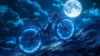 Wall Mural - Mountain bike with glowing wheels under a full moon and starry night sky.