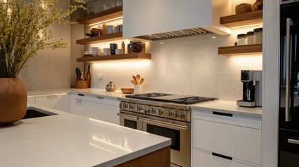 Wall Mural - Modern kitchen interior with lighting design and stylish decor in a bright setting