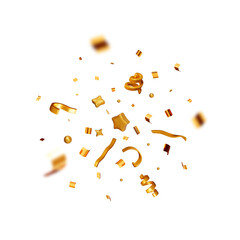 3D party gold confetti round isolated. Render golden confetti in empty space. Metal firecracker elements in various shapes. Party, holiday, surprise or birthday events. Vector illustration