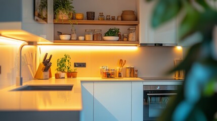 Poster - Modern kitchen interior with lighting design and stylish decor in a bright setting