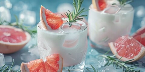 Close-up of a chilled and revitalizing grapefruit smoothie featuring rosemary and ice in a glass, accompanied by grapefruit slices and sprigs of rosemary, ideal for a home celebration.