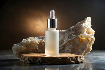 Serene Skincare: A frosted glass bottle of serum sits on a natural stone platform, bathed in warm light. The minimalist composition evokes a sense of calm and purity.