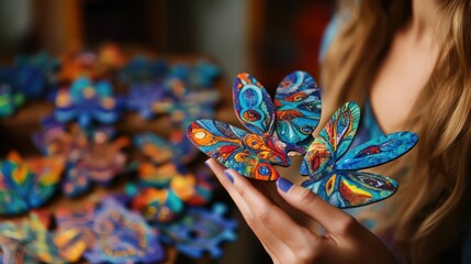 Poster - A person holds colorful butterfly decorations among more in a creative setting.