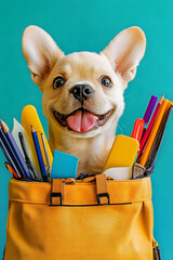 Poster - Cute funny dog with school supplies in bag on color background. Back to school.