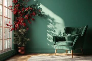 Wall Mural - a chic holiday corner in a green minimalist room with subtle christmas decor, ideal for a stylish concept banner