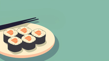 Illustration of salmon sushi rolls on a plate with chopsticks, set against a green background