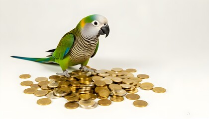 Wall Mural - Wealth personified: a parrot surrounded by glimmering gold coins on a pristine white backdrop