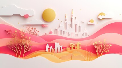 Canvas Print - A vibrant paper-cut landscape depicting a family and a castle amidst colorful hills and nature.