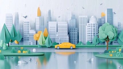 A colorful paper-cut style cityscape with a car by a lake, featuring trees and buildings.