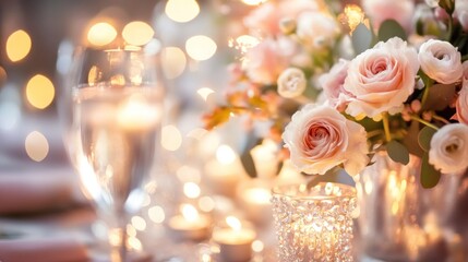 Canvas Print - A beautifully arranged table setting with soft lighting, flowers, and candles for an elegant event.