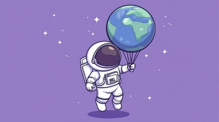 An astronaut in a white spacesuit floats in space, holding a globe-shaped balloon.