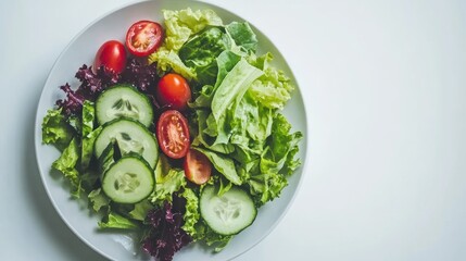 Wall Mural - A fresh salad with cucumbers, cherry tomatoes, and mixed greens on a white plate.