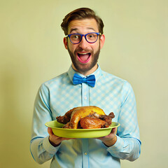 Photo portrait man in glasses keeping baked chicken on thanksgiving day amazed isolated background