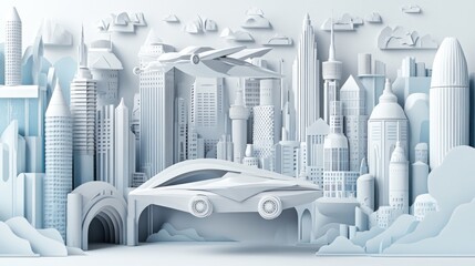 Poster - A futuristic cityscape in paper art style featuring flying vehicles and modern architecture.