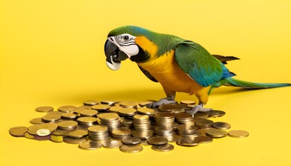 Wall Mural - Macaw Parrot Clutching Gold Coin Symbolizing Cost Savings