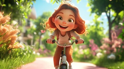 Poster - A joyful girl riding a bicycle through a vibrant, flower-filled path on a sunny day.