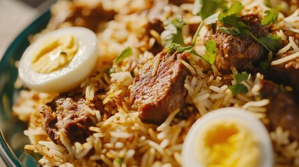 Poster - A close-up of flavorful biryani with tender meat and boiled eggs, garnished with herbs.