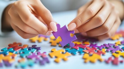 Sticker - A person assembling a colorful jigsaw puzzle on a table.