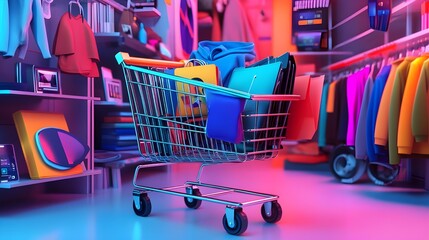 A colorful shopping cart filled with bags, clothing items, and retail products, representing the excitement and variety of online shopping and retail purchases