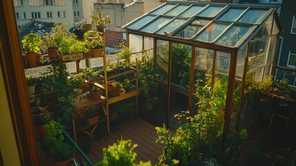 Wall Mural - A vibrant rooftop greenhouse filled with various plants and greenery.