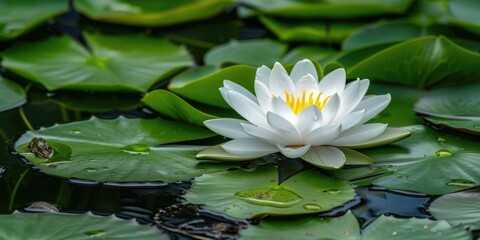 Wall Mural - A tranquil setting by the water highlights a stunning white water lily flourishing among lively green lily pads, accompanied by a small frog nearby.