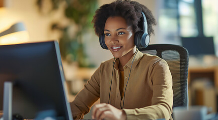 Wall Mural - Happy african American woman working remotely on a virtual video team meeting call, remote work and flexible culture concept. Inclusive and diverse workplace. DEI remote working