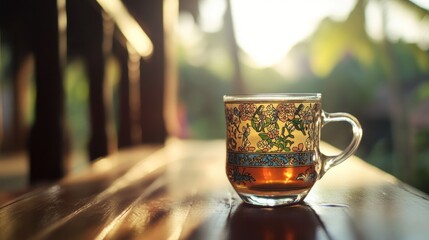 Wall Mural - A beautifully designed glass cup of tea sits on a wooden surface, illuminated by sunlight.