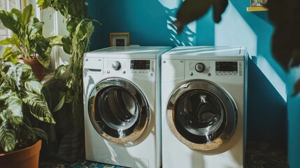 Two modern washing machines in a bright, plant-filled laundry space.