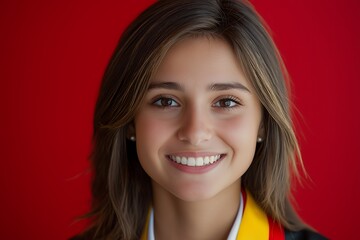 Wall Mural - A young woman with long brown hair smiles brightly against a red background.