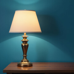 Lampshade lamp on table on blue wall background