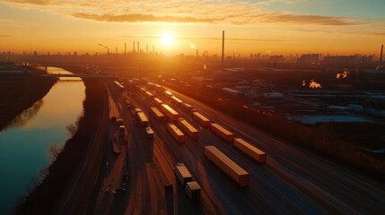 Wall Mural - Aerial view of trucks lined up near a river at sunset, highlighting industrial activity.