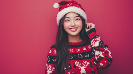 Wall Mural - Xmas vibes - waiting for Santa! Young asian  woman wearing ugly Christmas sweater, smiling at the camera