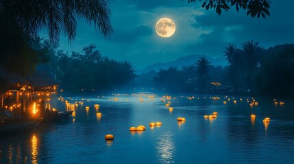 Wall Mural - a serene view of floating krathongs on a river under a full moon during the thailand loy krathong fe